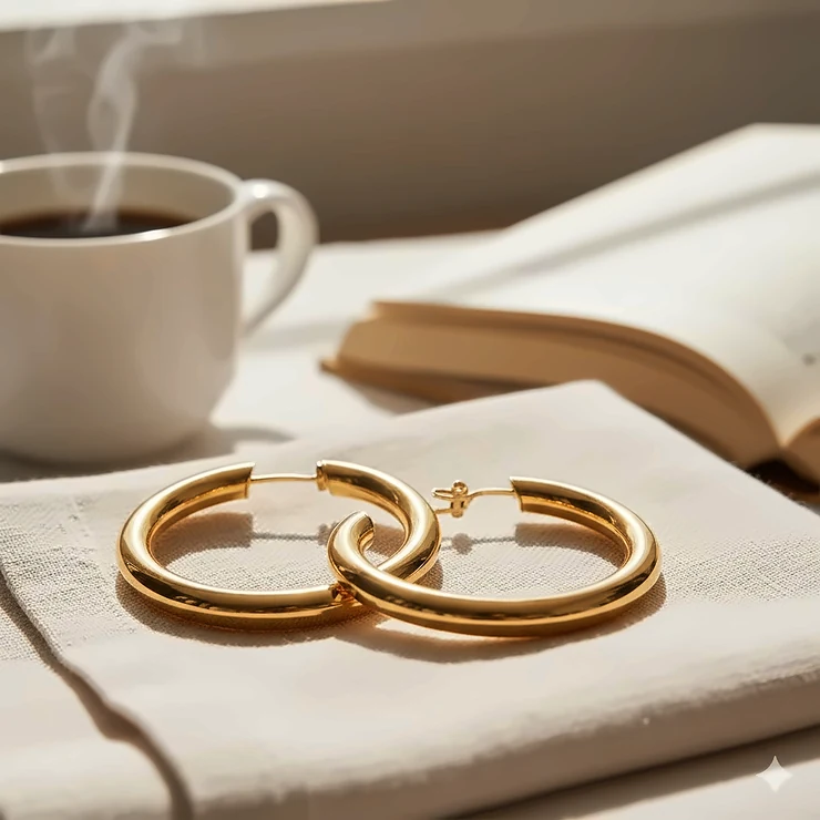 Lightweight hollow tube gold hoops in an extra large diameter for comfortable all-day wear. extra large hoop earrings