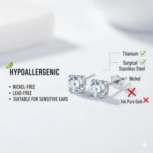 Infographic highlighting nickel-free and hypoallergenic metal options for sensitive ears wearing cubic zirconia studs.