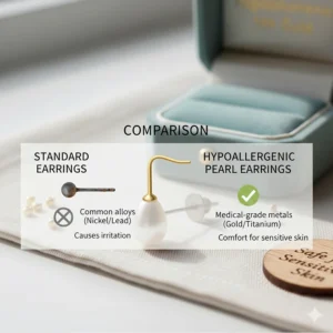 Comparison of standard alloy earring posts versus hypoallergenic pearl earring posts.