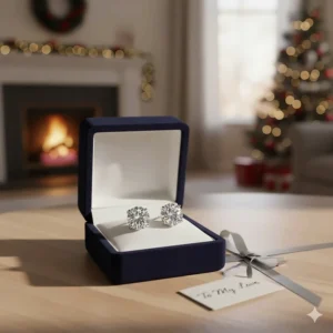 Elegant velvet gift box containing a pair of oversized large CZ stud earrings for a wedding gift.