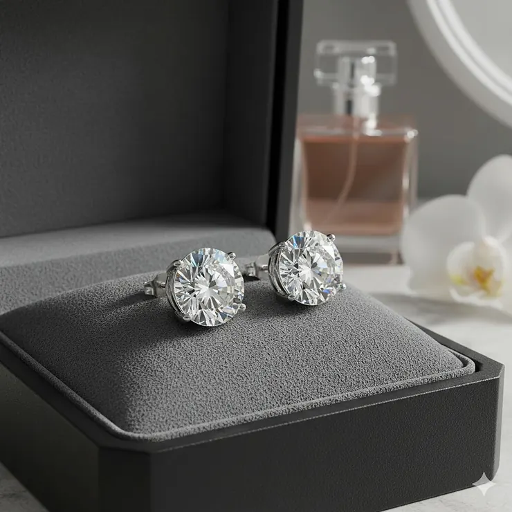 A pair of brilliant 4-carat large CZ stud earrings in a classic four-prong sterling silver setting.