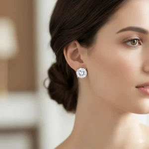 Close-up of a model wearing 10mm large CZ stud earrings to show scale and fit.