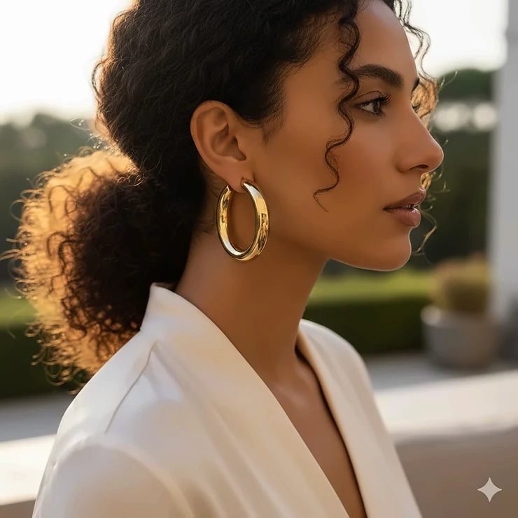 A close-up profile shot of a woman wearing high-polish large gold hoop earrings for a luxury aesthetic.