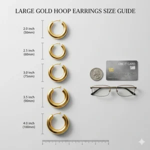An infographic comparing various sizes of large gold hoop earrings against common objects like a coin for scale.