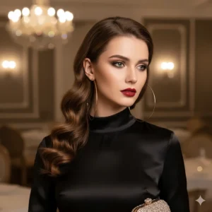 Large oversized thin gold hoop earrings styled for an elegant evening event.