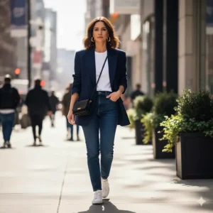 Street style photography of a person wearing bold chunky gold hoops and a blazer.