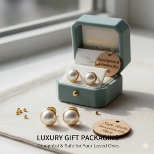 Luxury gift box containing pearl earrings labeled as hypoallergenic and safe for sensitive ears.