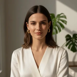 Woman wearing 14k medium gold hoop earrings for a sophisticated everyday look.