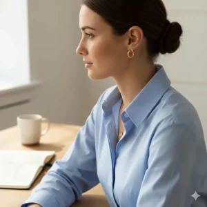 Professional everyday style featuring small thin gold hoop earrings and a gold necklace.