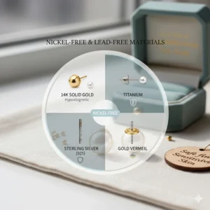 Diagram showing nickel-free and lead-free earring backings safe for sensitive skin.