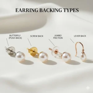 Diagram of different earring backings for pearl studs including butterfly, screw back, and jumbo friction backs.