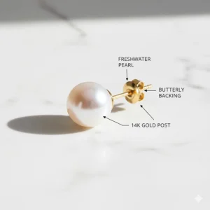 Illustration of freshwater pearl stud earrings highlighting the secure butterfly backing and sterling silver post.