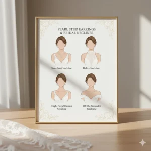Diagram showing pearl studs paired with sweetheart, halter, and high-neck bridal gowns.