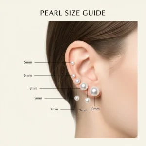 A size comparison chart for the best pearl stud earrings ranging from 5mm to 10mm on a human ear.