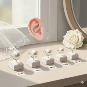 A size comparison chart for wedding pearl studs ranging from 5mm to 10mm on a model's ear.