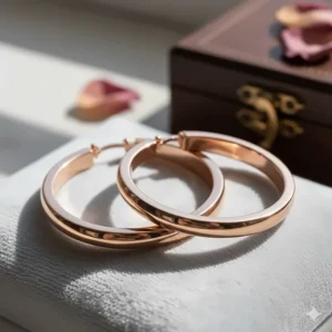 Modern rose gold extra large hoop earrings with a secure latch-back closure.