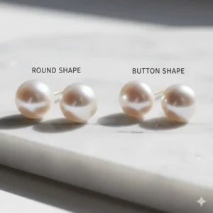 Diagram comparing perfectly round freshwater pearl stud earrings to button-shaped pearl studs.