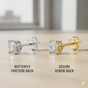 Diagram showing different earring backings for cubic zirconia studs including butterfly friction backs and secure screw backs.