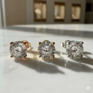 Large CZ stud earrings displayed in various metal finishes including rose gold and white gold.