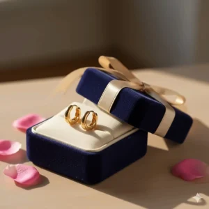 Small gold hoop earrings tucked inside a velvet jewelry gift box with a ribbon.