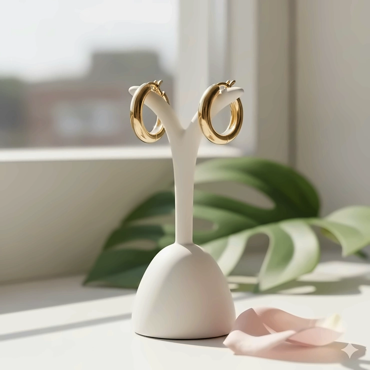 A pair of polished 14k small gold hoop earrings displayed on a minimalist jewelry stand.
