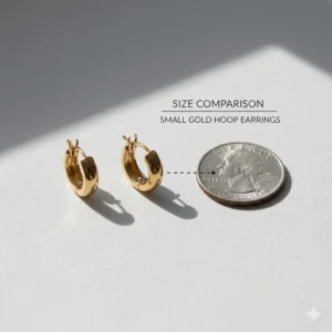 A size comparison chart showing small gold hoop earrings next to a coin for scale.