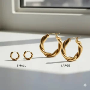 Side-by-side comparison of small and large twisted gold hoop earrings for size reference.
