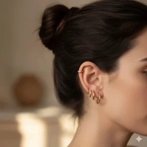 An ear-stacking style featuring multiple small gold hoop earrings in different piercings.