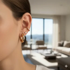 Jewelry stacking idea featuring chunky gold hoops paired with smaller gold studs and ear cuffs.