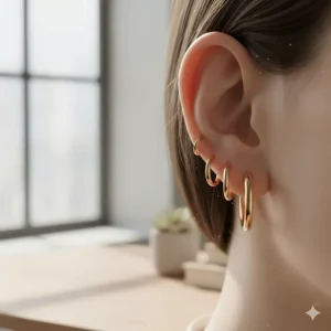 Illustration of a curated ear featuring small gold hoop earrings in multiple lobe piercings.