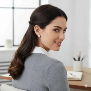 A lifestyle photo of a woman wearing classic round-cut cubic zirconia stud earrings with a casual work outfit.