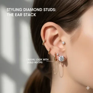 An illustration of diamond studs paired with gold hoops in a curated ear stack for a casual look.