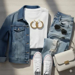 A flat-lay illustration showing large gold hoop earrings paired with a denim jacket and white t-shirt.