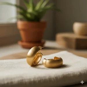 Close-up shot of chunky gold hoop earrings with a brushed matte finish.