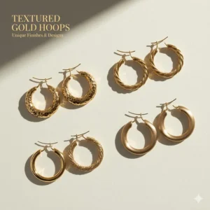 A collection of large gold hoop earrings featuring different finishes like hammered gold, twisted rope, and diamond-cut textures.