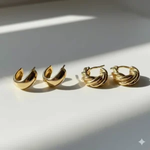 A comparison between smooth and twisted texture small gold hoop earrings in yellow gold.
