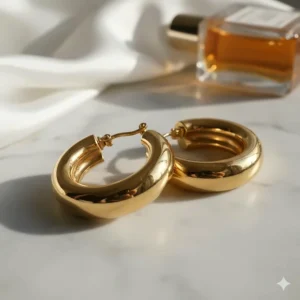 Chunky medium gold hoop earrings with a high-shine finish and secure latch back.