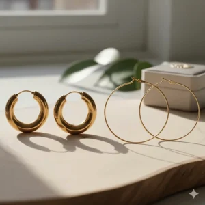 Comparison view of chunky and thin wire extra large hoop earrings.