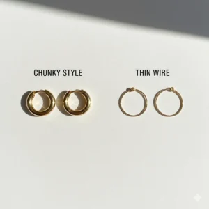 Two pairs of small gold hoop earrings showing the difference between chunky and thin wire styles.