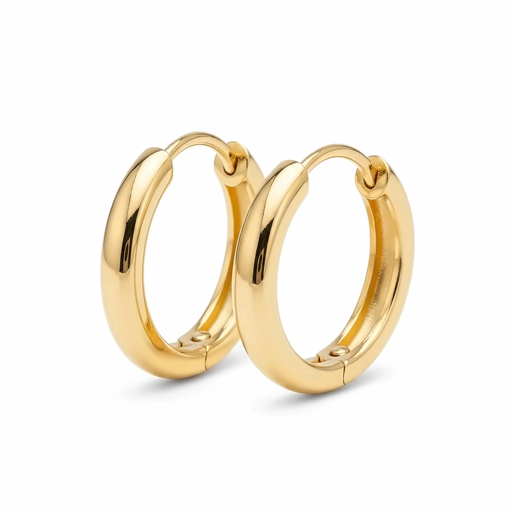 Pair of 14k polished thin gold hoop earrings isolated on a white background.