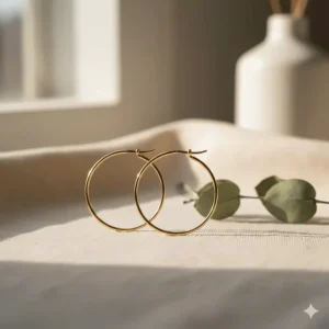 Lightweight and thin medium gold hoop earrings in yellow gold for a delicate style.