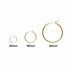 Comparison chart showing thin gold hoop earrings in 20mm, 40mm, and 60mm diameters.