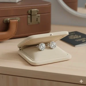 Travel jewelry pouch holding a pair of large CZ stud earrings to prevent scratching.