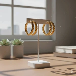 Detailed illustration of twisted gold hoop earrings with a rope-like texture.