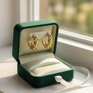 A set of twisted gold hoop earrings presented in a luxury velvet jewelry gift box.