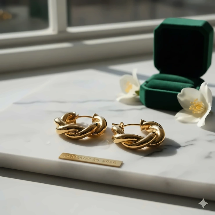 A pair of thick twisted gold hoop earrings displayed on a minimalist marble background.