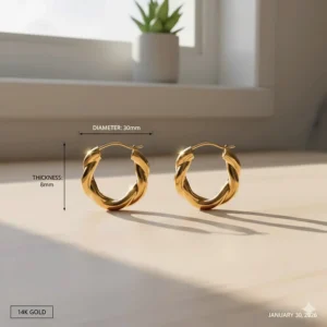 Diagram showing the diameter and thickness dimensions of 14k twisted gold hoop earrings.