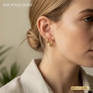Ear styling guide featuring small twisted gold hoop earrings stacked with simple gold studs.