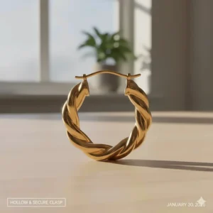 Illustration of the lightweight hollow design and secure latch clasp on twisted gold hoop earrings.