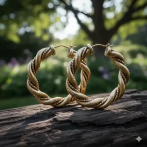 Intricate twisted metal design on 4-inch extra large hoop earrings.